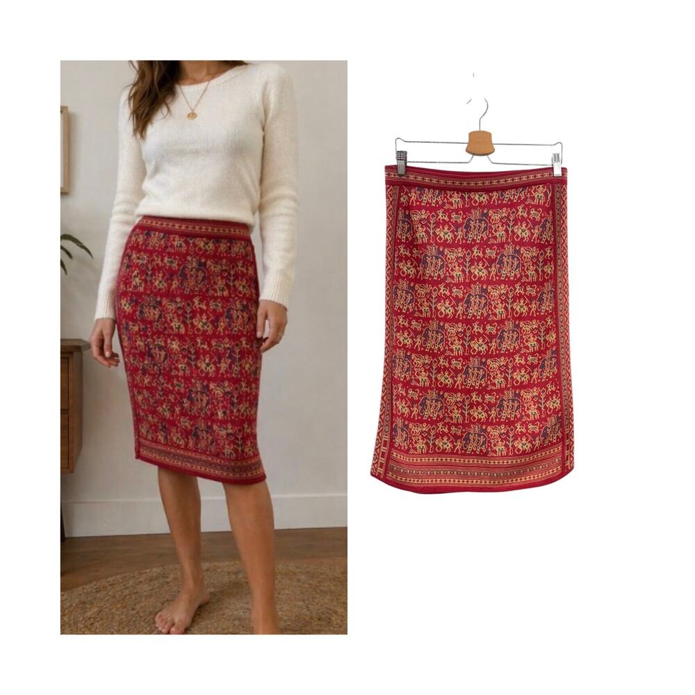 Peruvian Connection‎ Jacquard Knit Skirt Pima Cotton Red Tapestry Medium